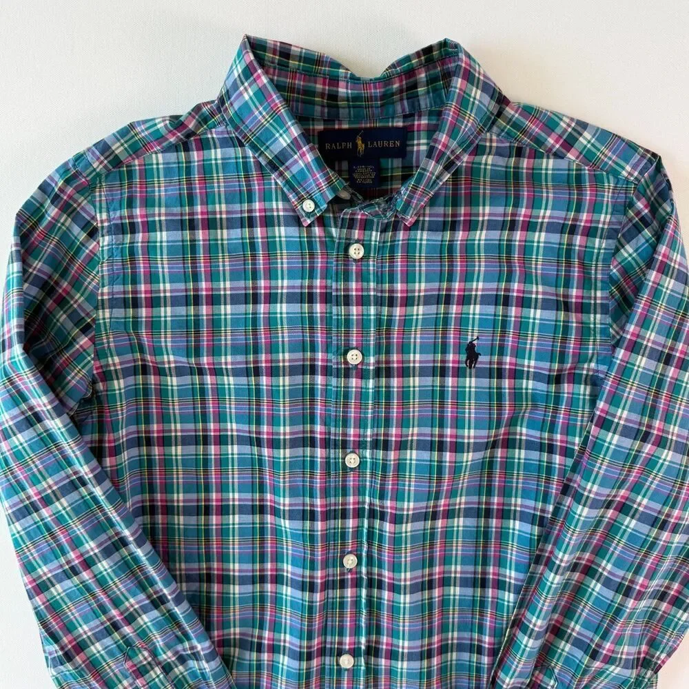 Ralph Lauren BOYS Long Sleeve Button Down Sz. L (14-16) Plaid Blue Pink Green